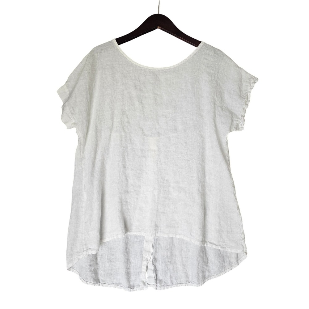 TERZO‎ MILLENNIO Linen Top Italy White Short Sleeve High Low Button Back Size M